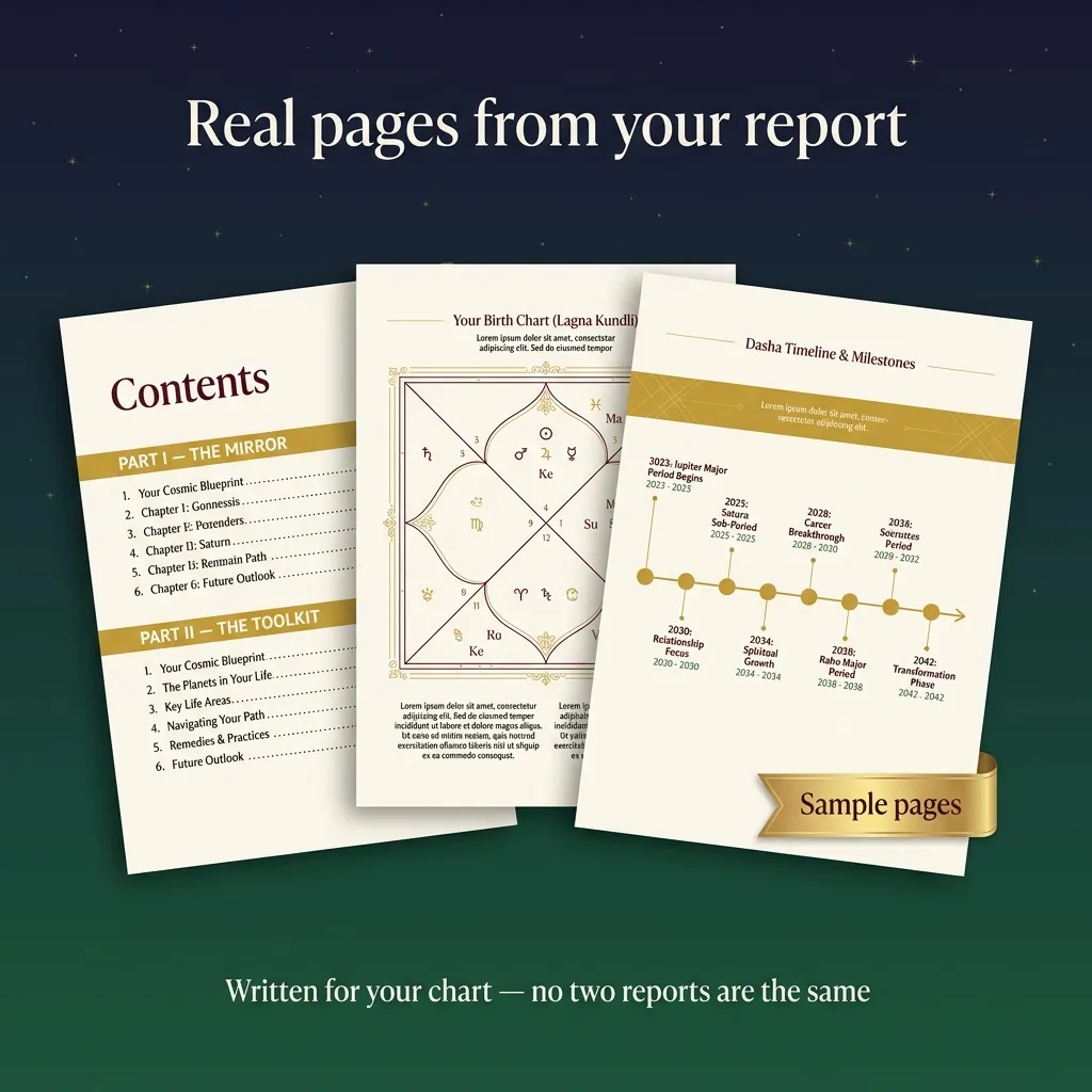 Sample contents, kundli chart and dasha timeline pages
