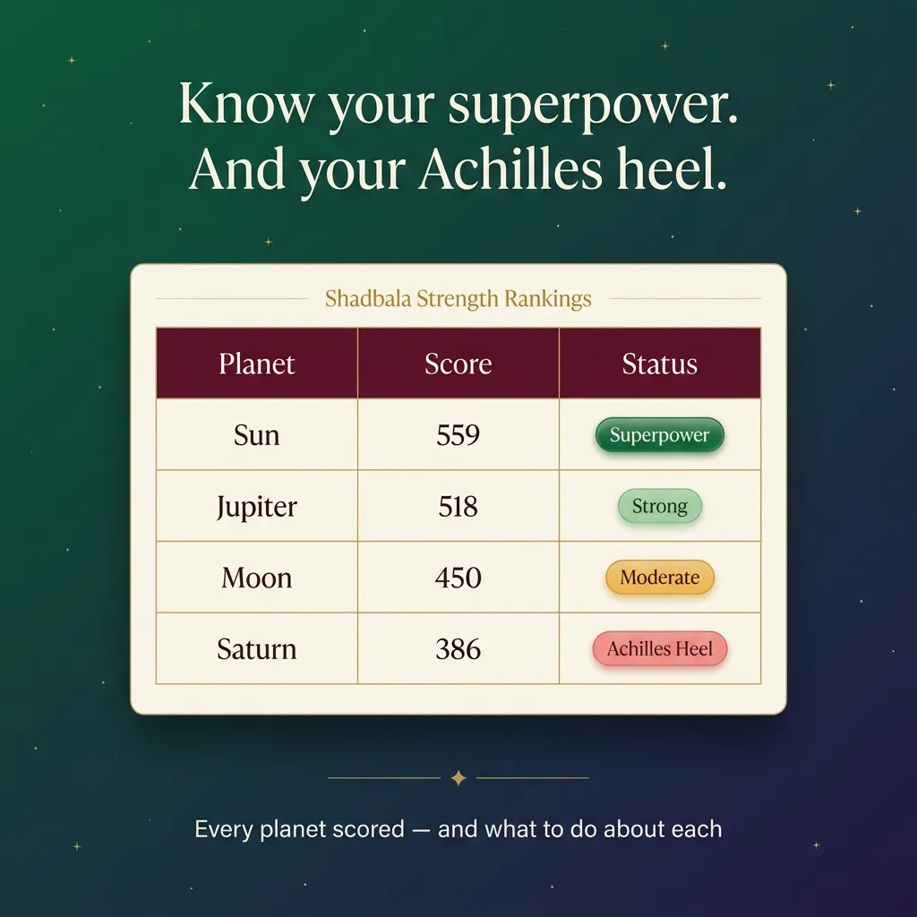 Shadbala planetary strength rankings table