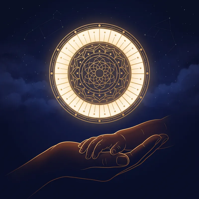 A parent's hand cradling a newborn's hand beneath a glowing gold nakshatra naming wheel