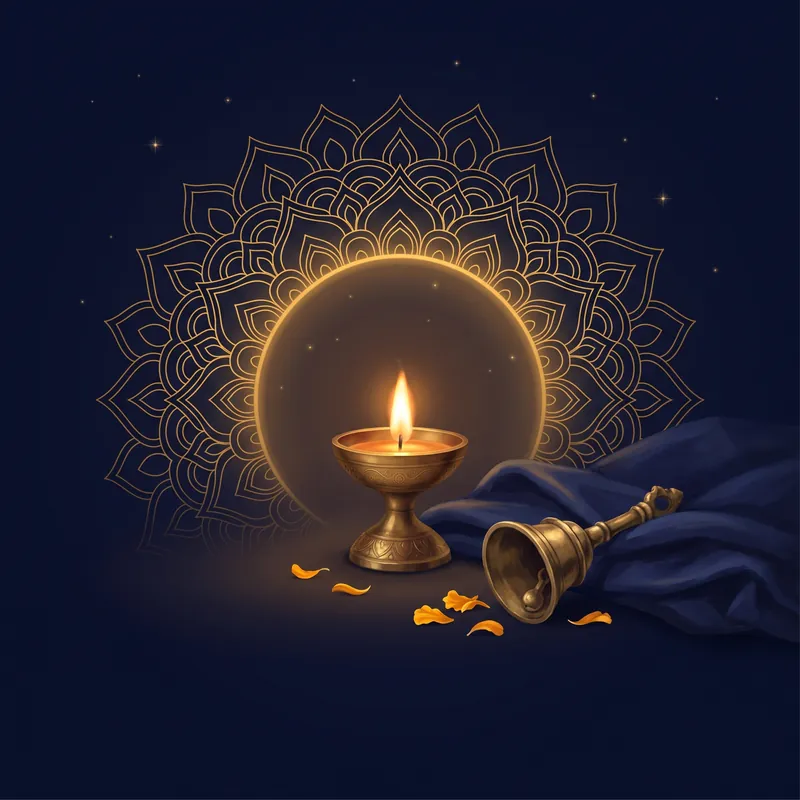 A lit brass diya and temple bell inside a circle of gold mandala light — every dosha checked and explained calmly