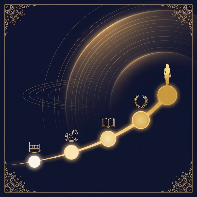 A rising gold path of five milestones from cradle to young adult, beneath sweeping planetary arcs