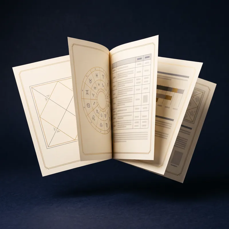 Printed report pages fanned open, showing Vedic chart wheels, grids and reference tables