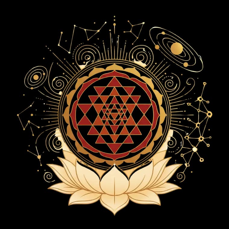Sri Yantra mandala with lotus and celestial constellations representing Vedic astrology wisdom