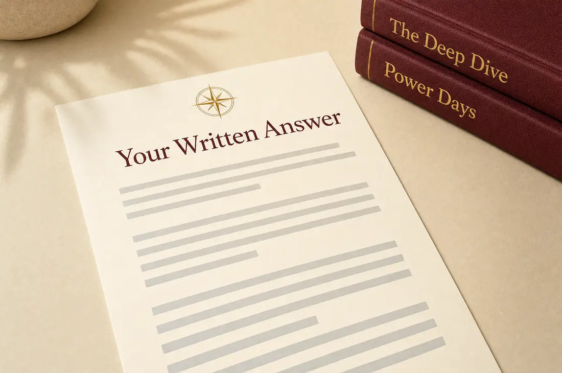 Illustration: your written answer on the Career Atlas letterhead — details redacted