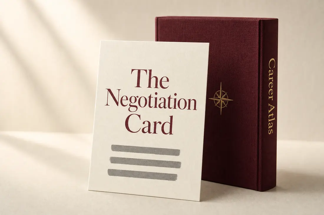 Illustration: The Negotiation Card leaning against the Career Atlas book