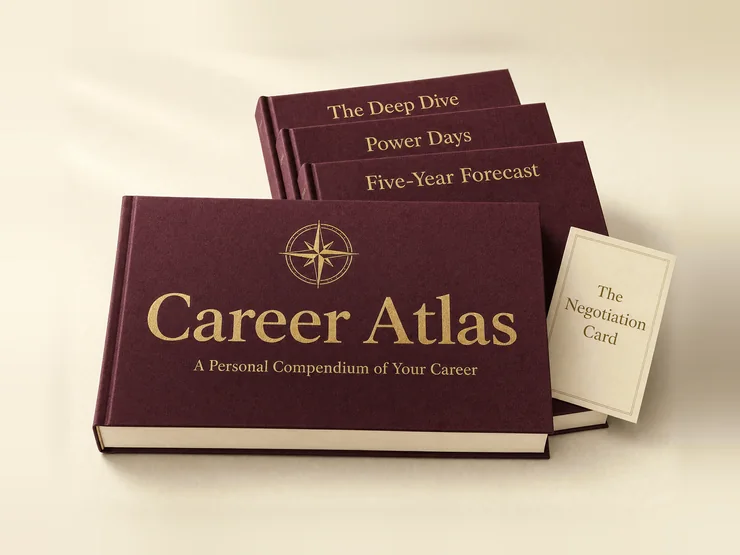 Four Career Atlas books fanned out: Career Atlas, The Deep Dive, Power Days, Five-Year Forecast, with the Negotiation Card