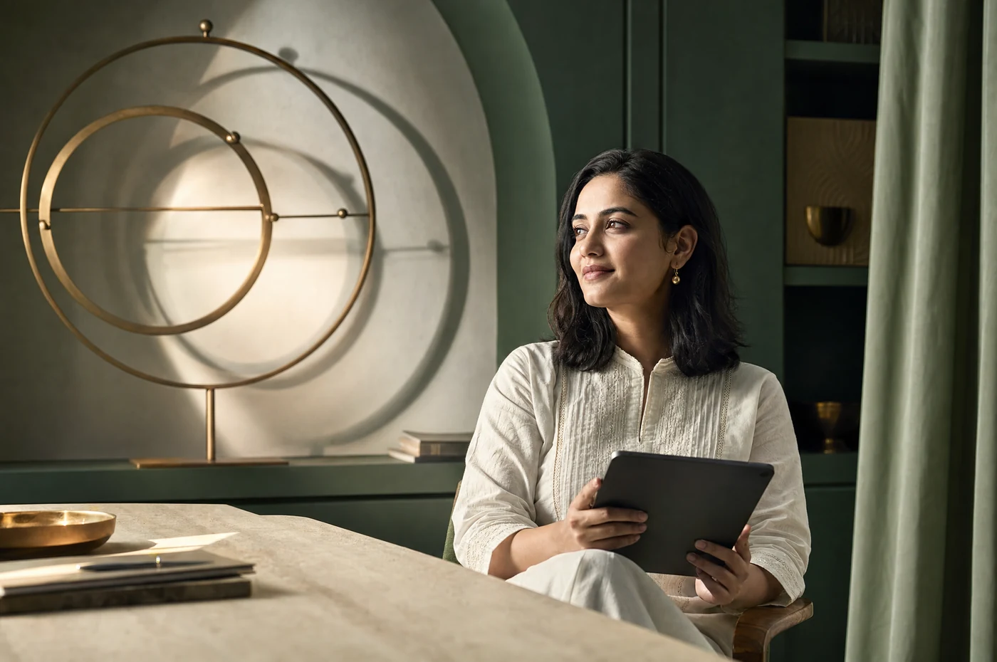 A woman holding a tablet beside a warm brass astrolabe.