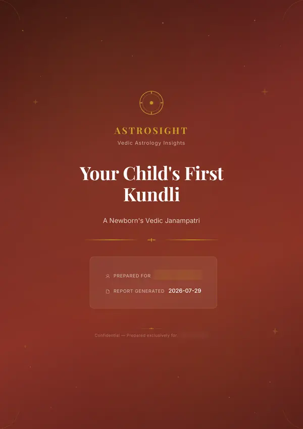 Real sample page: the cover of Your Child's First Kundli, a newborn's Vedic janampatri