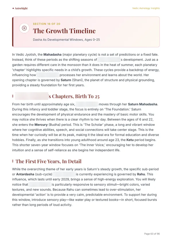 Real sample page: the growth timeline, showing planetary chapters from birth to age 25